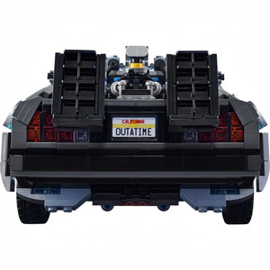 Back view of a LEGO model of a car with 'California Outatime' license plate on a white background