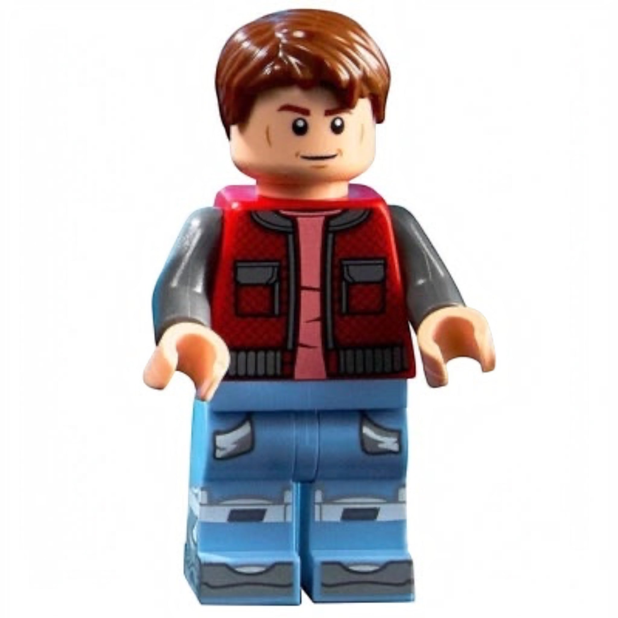 LEGO figure with a red and black jacket on a white background