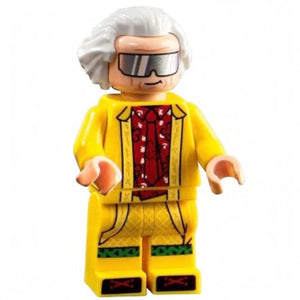 LEGO minifigure in a yellow outfit with a red shirt and white hair.