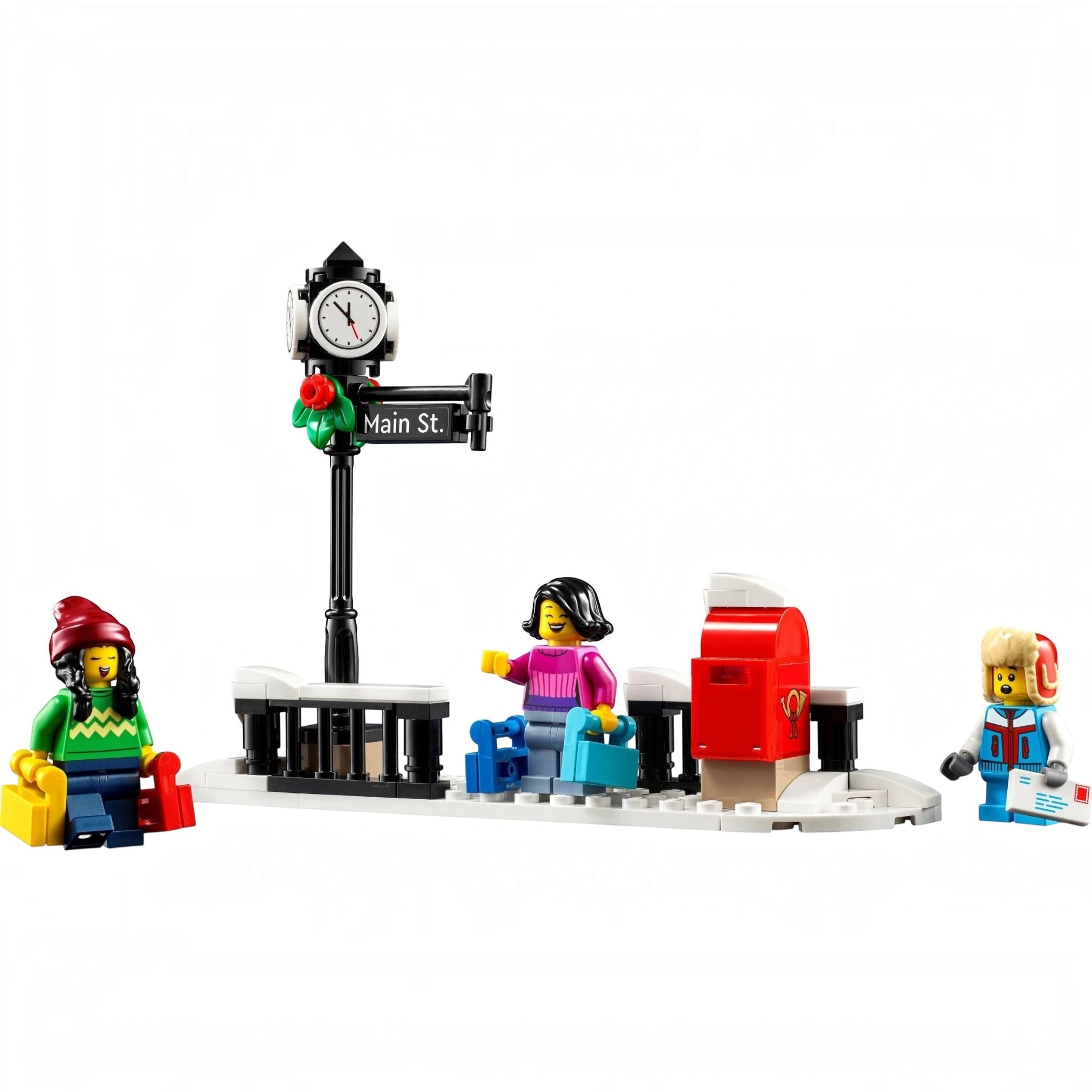 LEGO city street scene with clock, street sign, and people on a white background