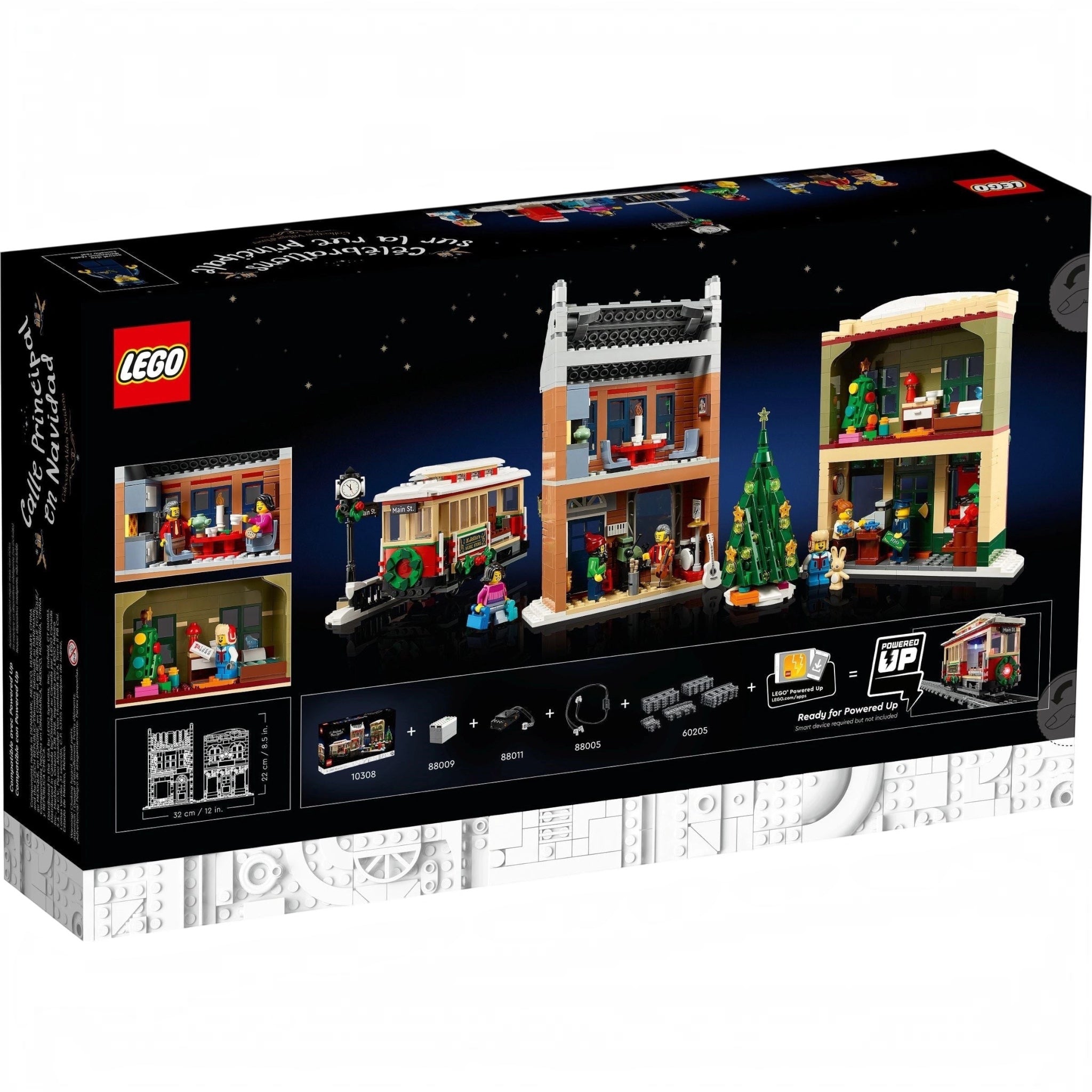 LEGO set packaging with Christmas-themed buildings and characters on a black background
