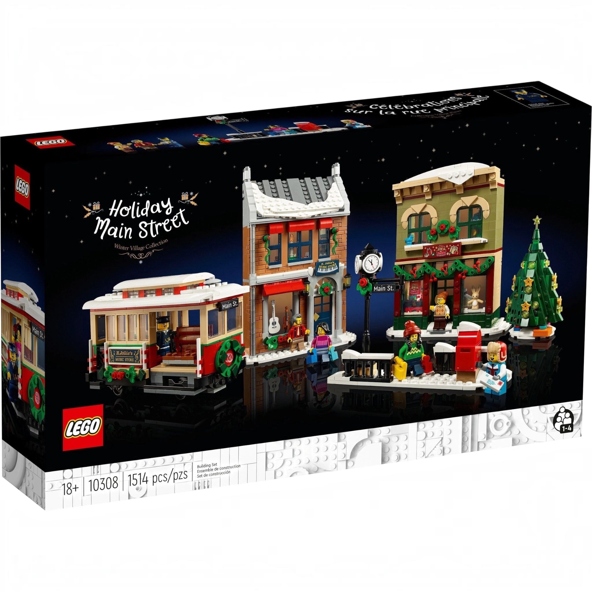 LEGO Holiday Main Street set packaging with festive buildings and decorations.