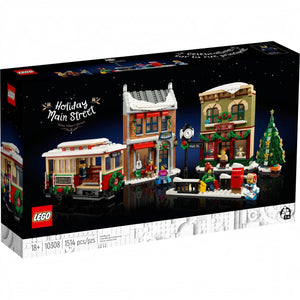 LEGO Holiday Main Street set packaging with festive buildings and decorations.