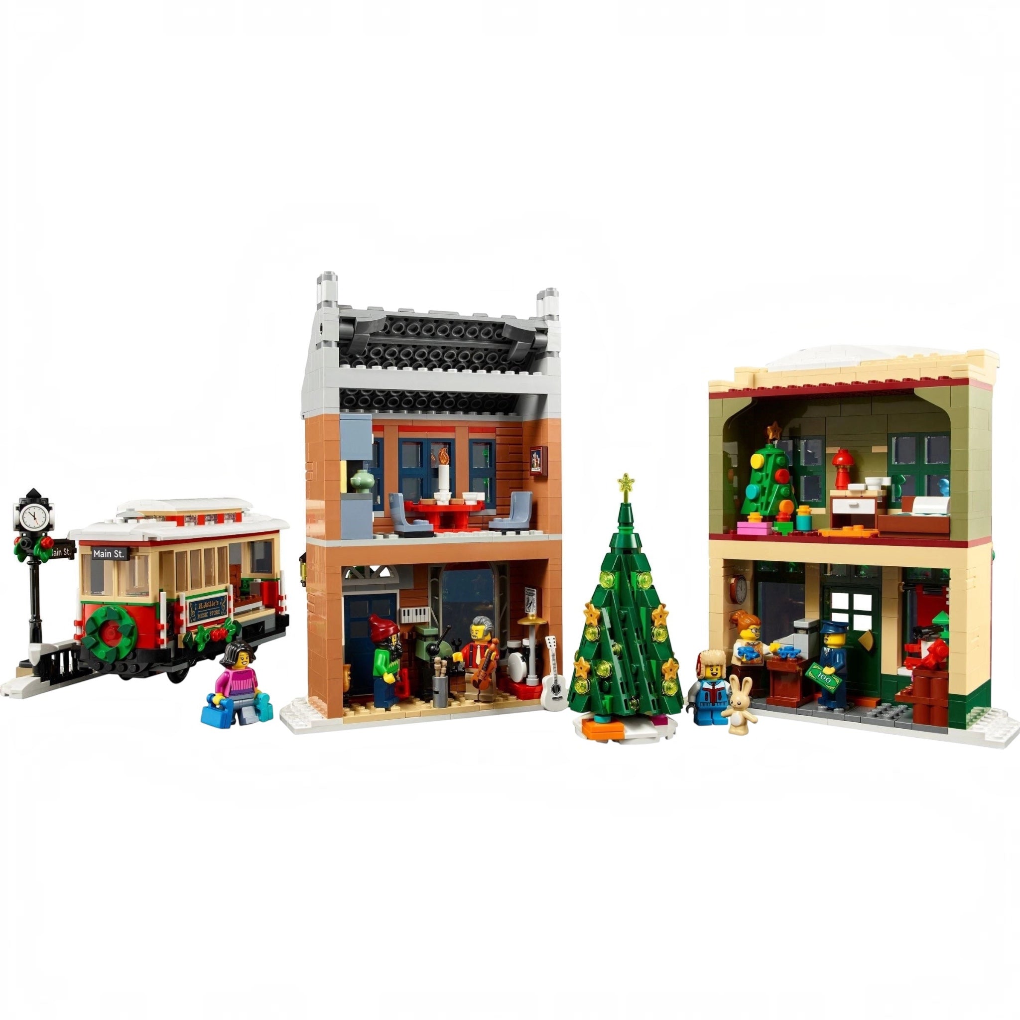 LEGO set of a festive street scene with buildings, a trolley, and Christmas decorations.