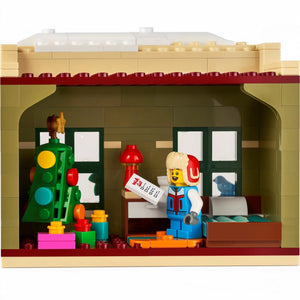 LEGO figure in a store with a toy traffic light and shelves.