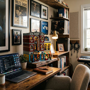 Home office with a desk, laptop, and bookshelf filled with books and decor.