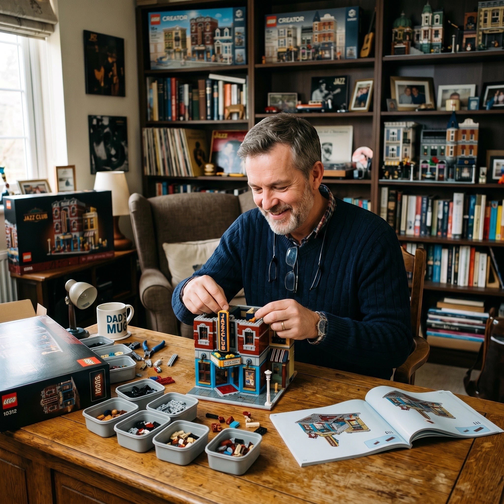 Man building a LEGO model in a room filled with books and LEGO sets.