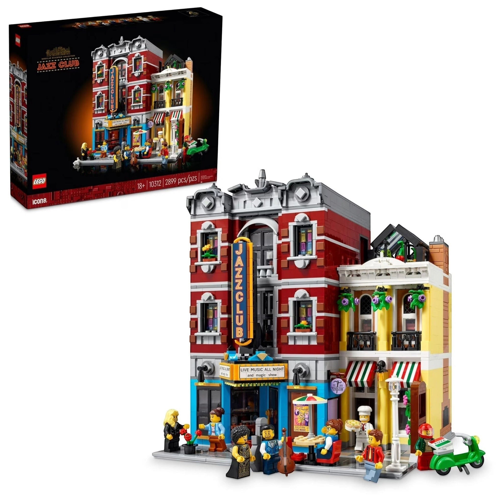 LEGO building set with detailed architecture and figures, next to its packaging.