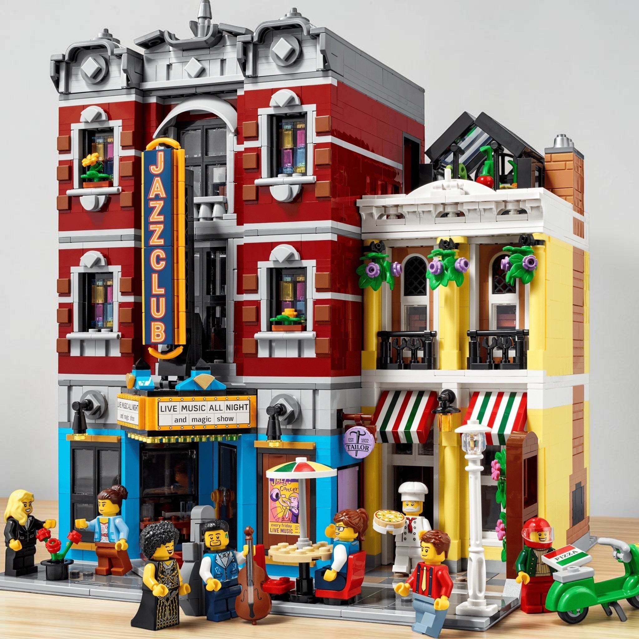 LEGO city street scene with buildings, people, and a Jazz Club sign.