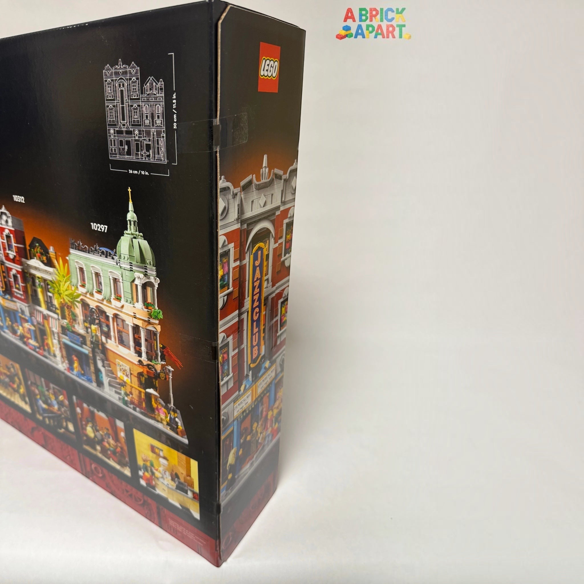 LEGO box with detailed cityscape design on a white background