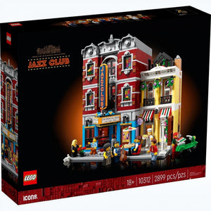 LEGO Jazz Club set packaging with detailed building and people figures on a black background