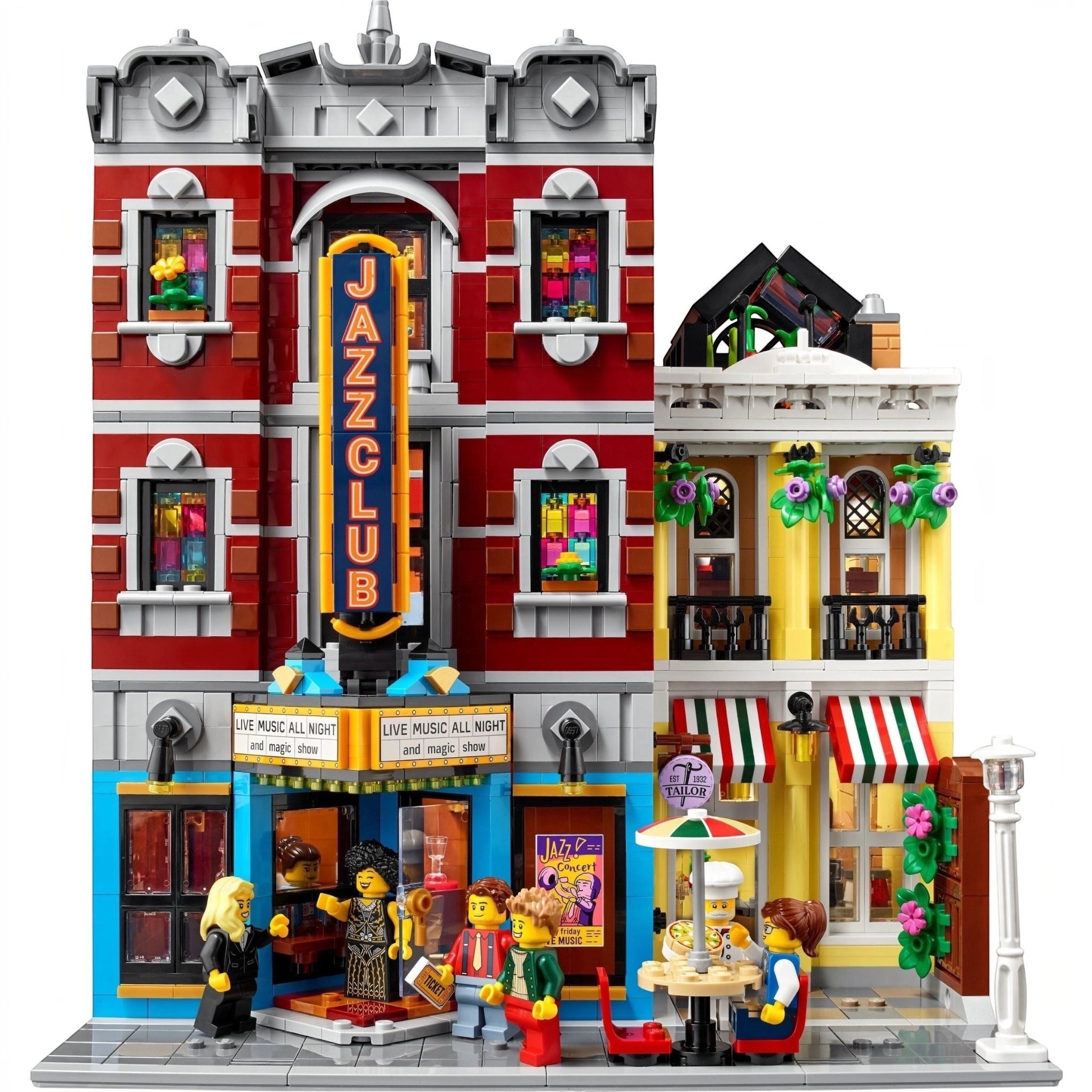 LEGO model of a jazz club with characters and details on a white background