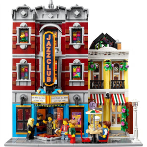 LEGO model of a jazz club with characters and details on a white background