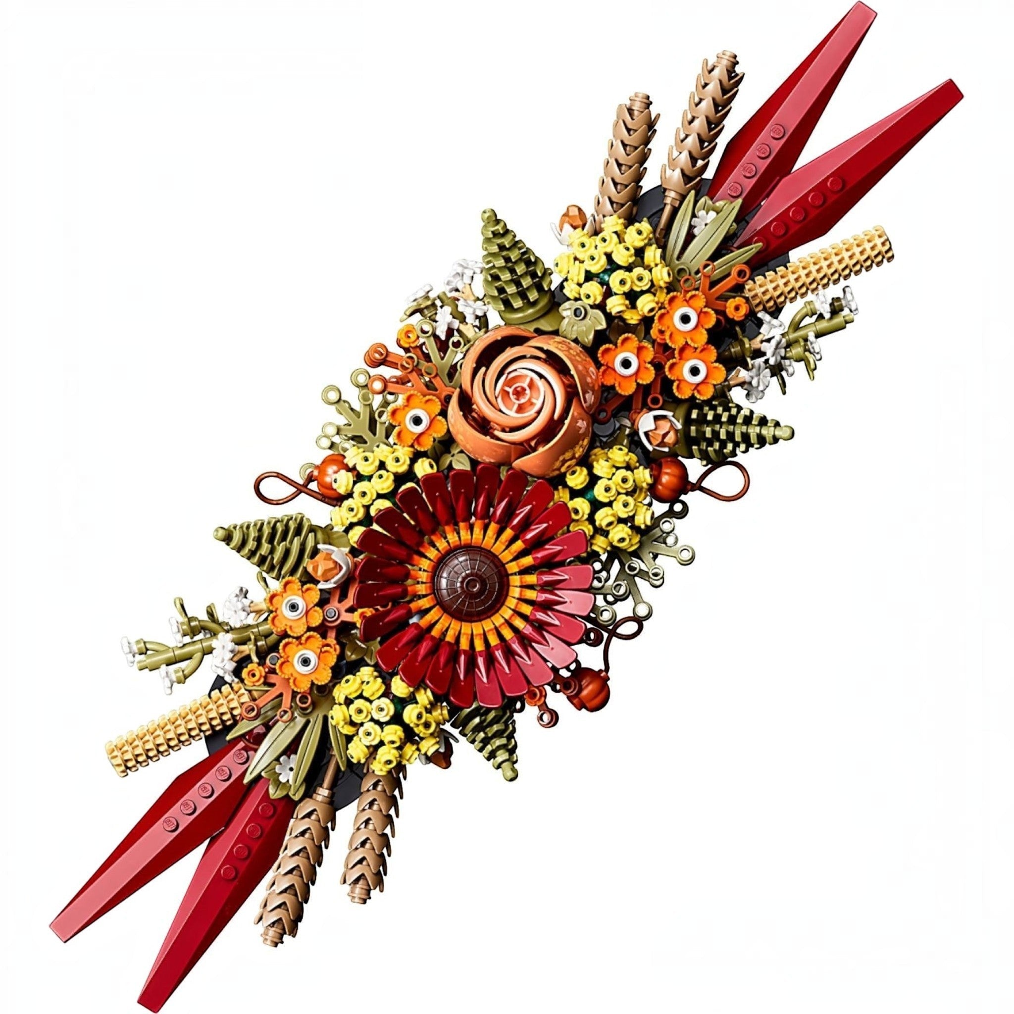 Colorful floral arrangement with red accents on a white background