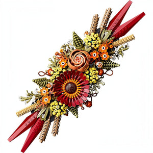 Colorful floral arrangement with red accents on a white background