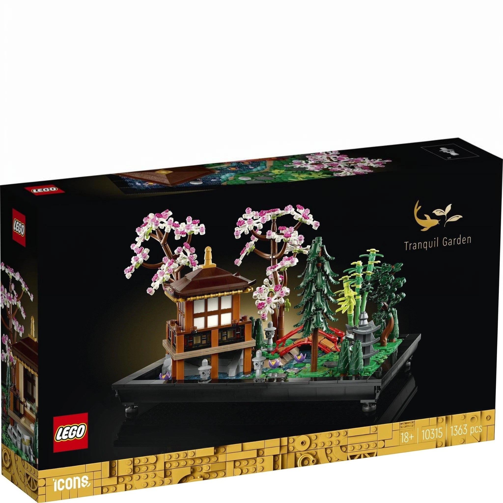 LEGO Icons Tranquil Garden set packaging with Japanese-style building and cherry blossom trees.