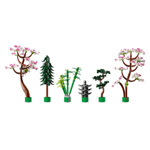 Set of LEGO trees and a pagoda on a white background