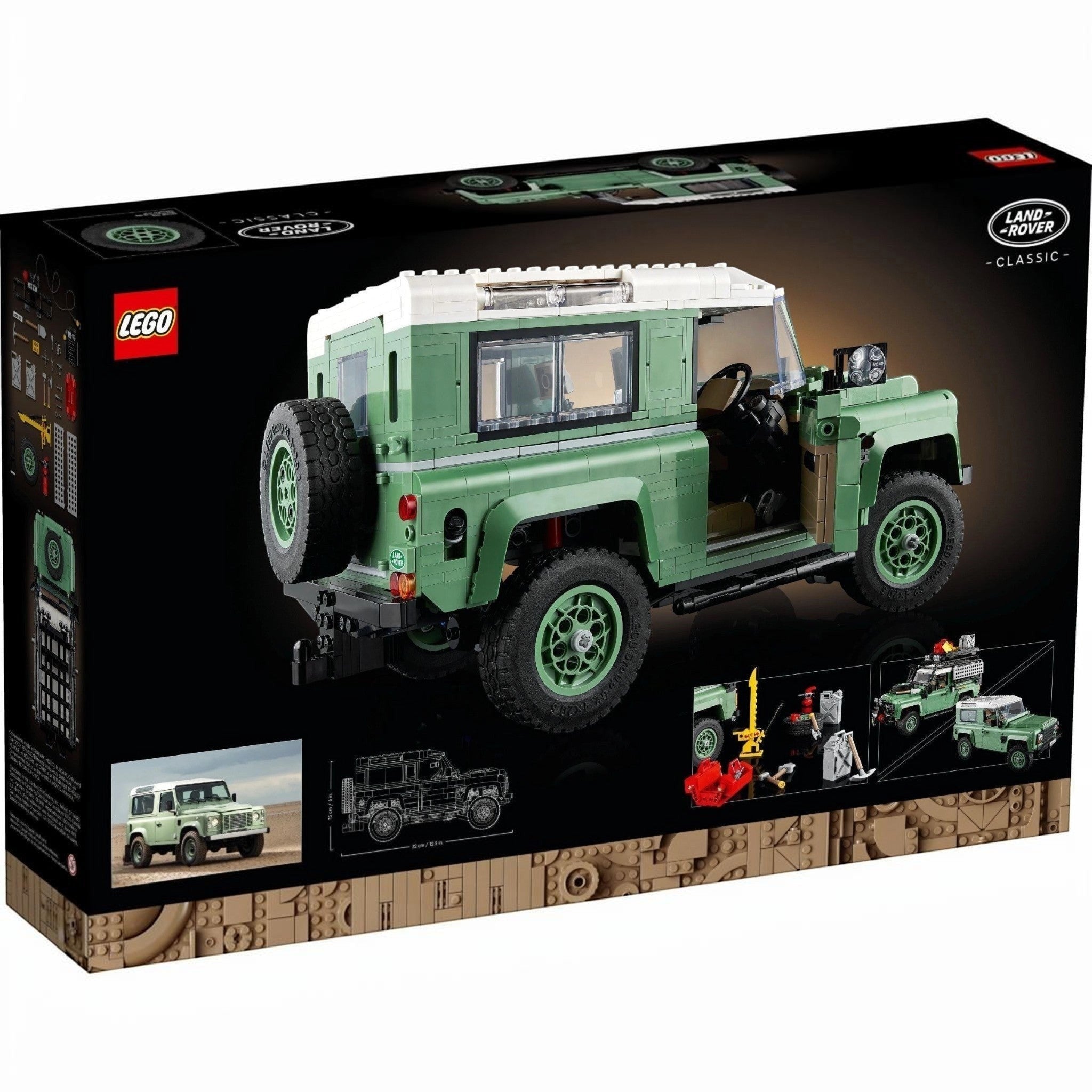 LEGO Land Rover Defender packaging with detailed graphics on a white background