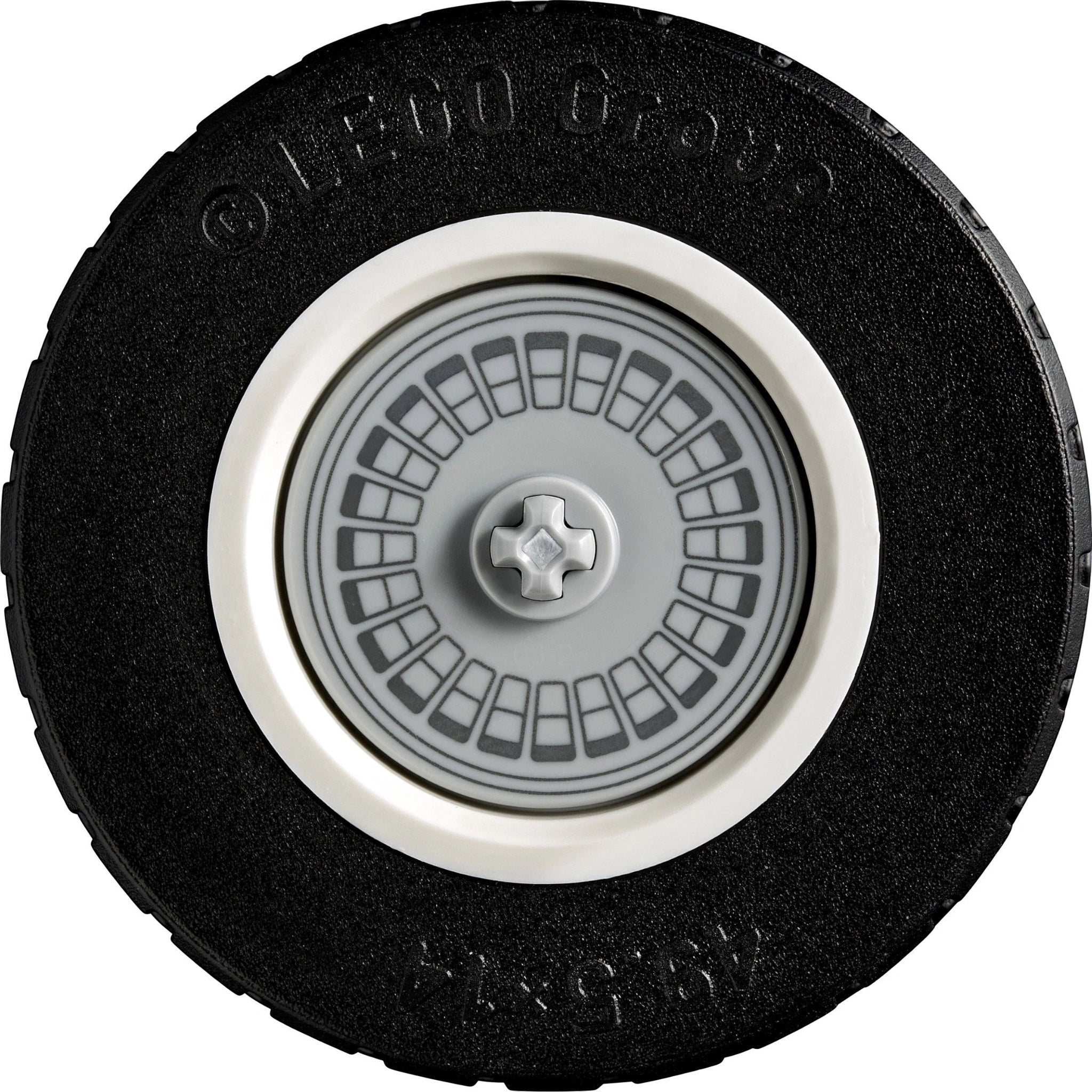 Black wheel with white rim and central hub, featuring LEGO branding.