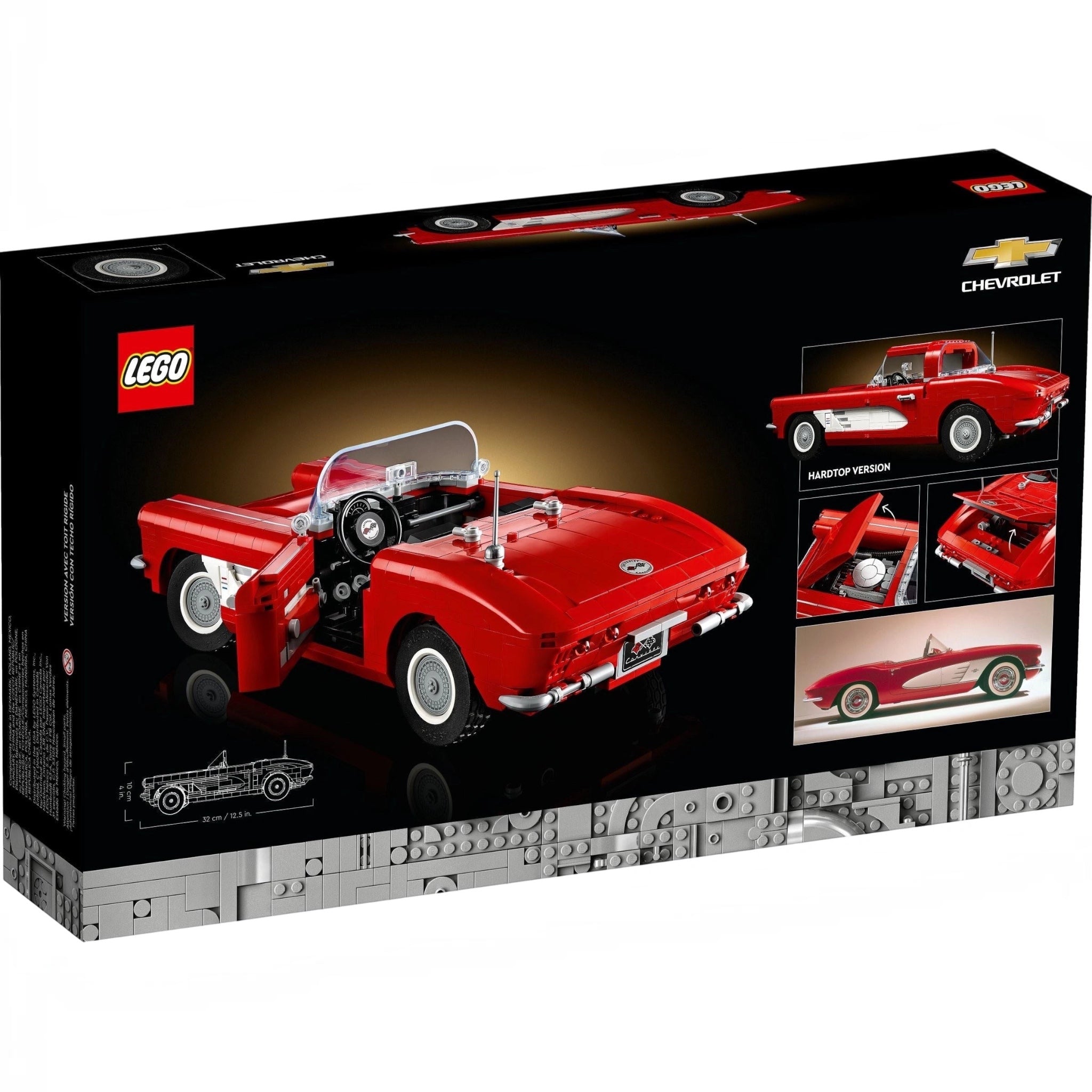 LEGO Chevrolet car set packaging with red car illustration on black background