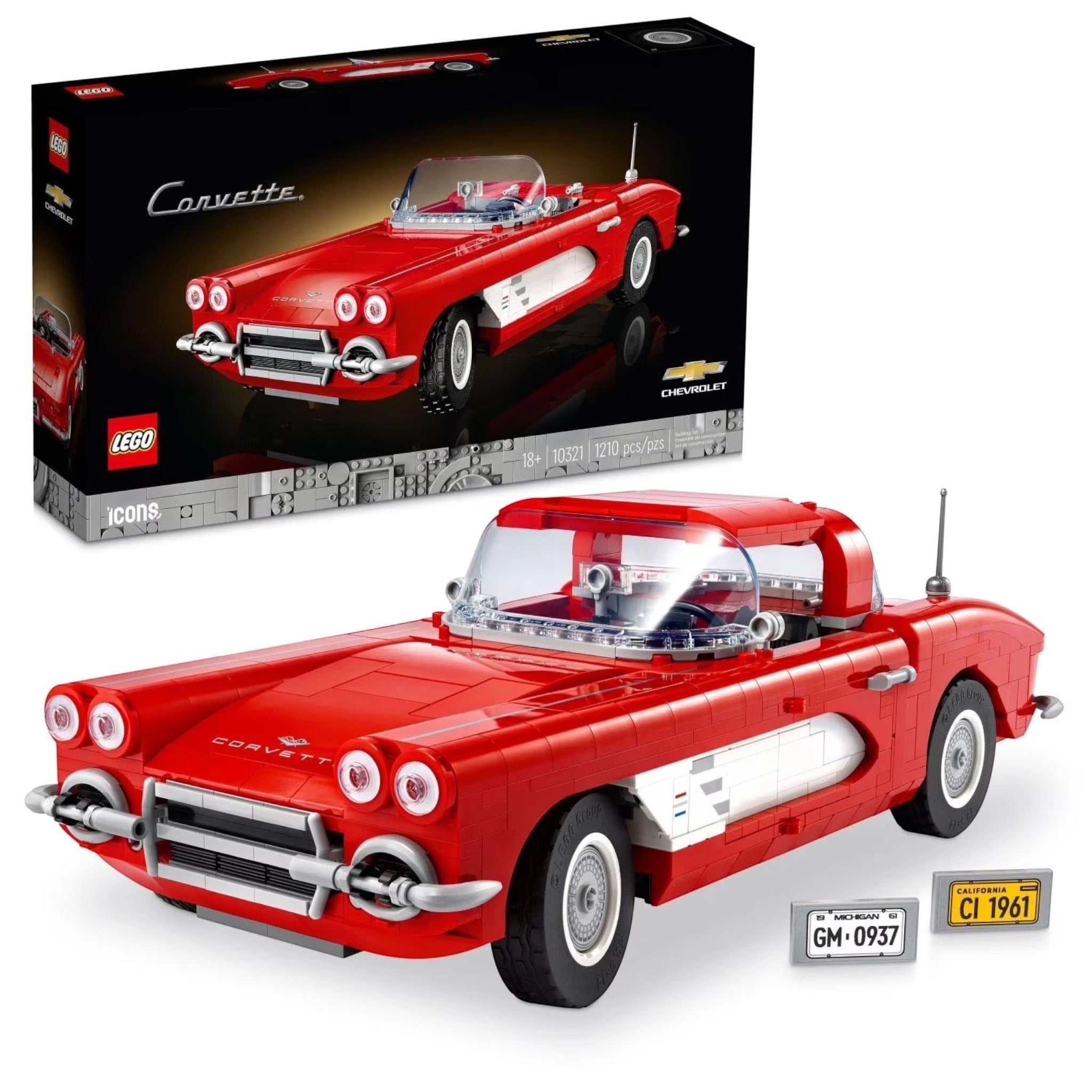 Red classic car model made from interlocking bricks with LEGO branding, displayed against a white background.