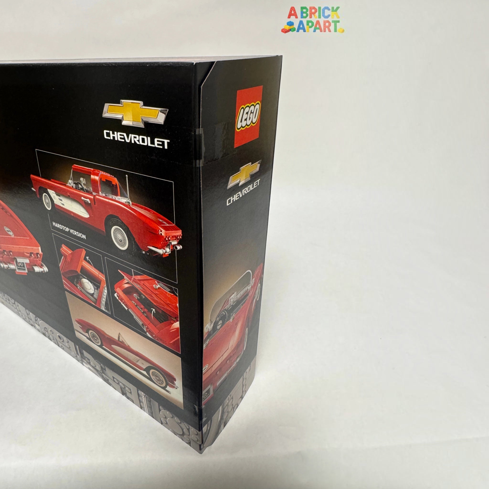 LEGO Chevrolet model car set packaging with red car illustration on a white background