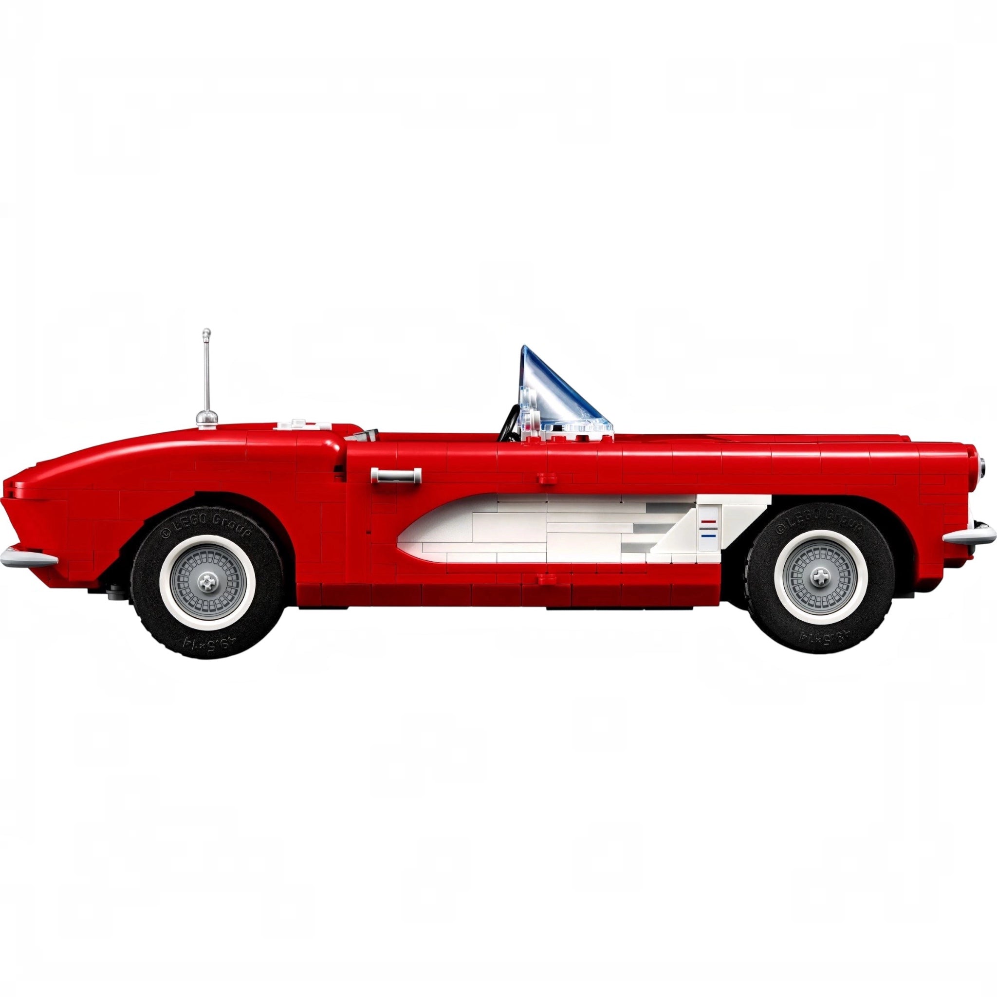 Red vintage car with a white stripe and blue flag on a white background