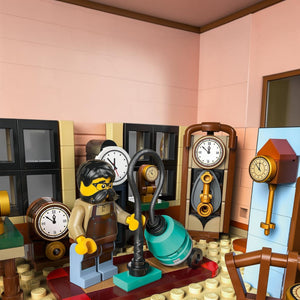 LEGO figure interacting with various clocks in a room setting
