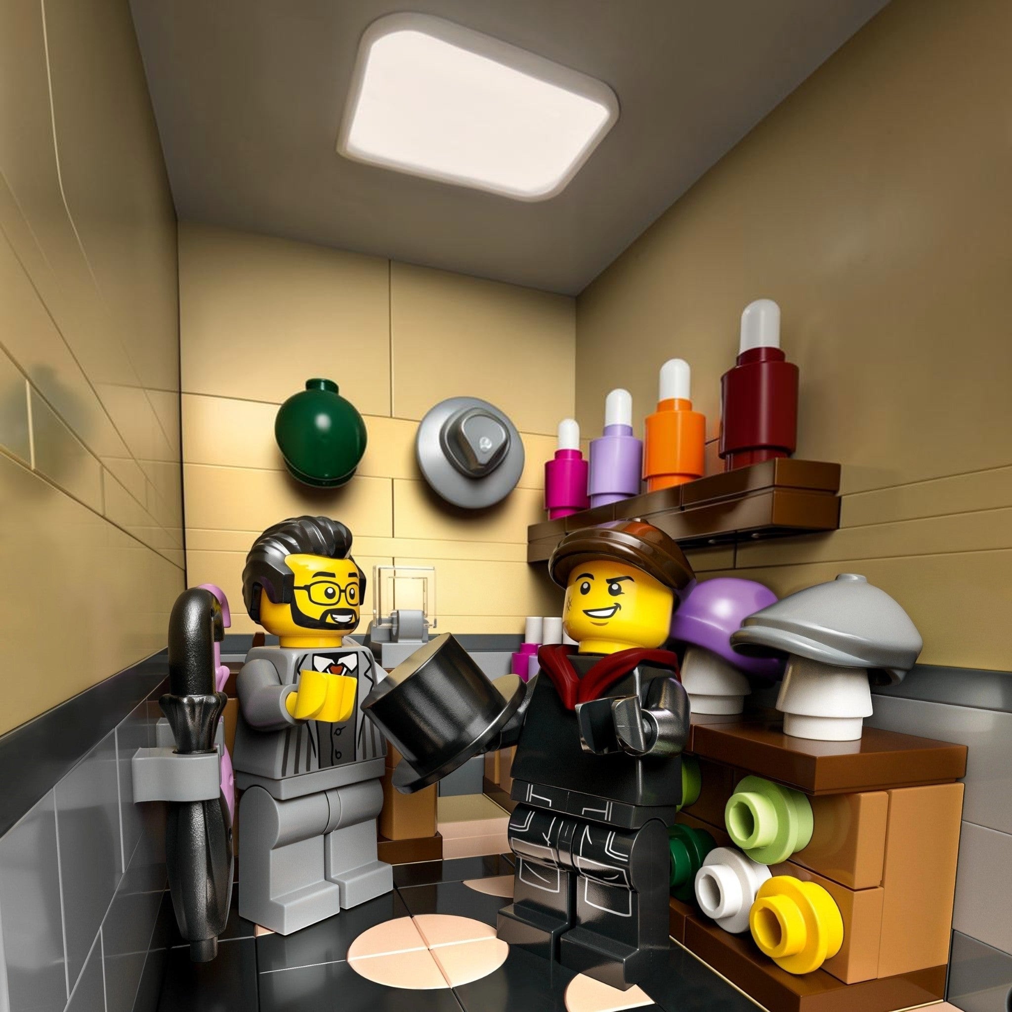 Two LEGO characters in a bathroom setting with various toiletries.