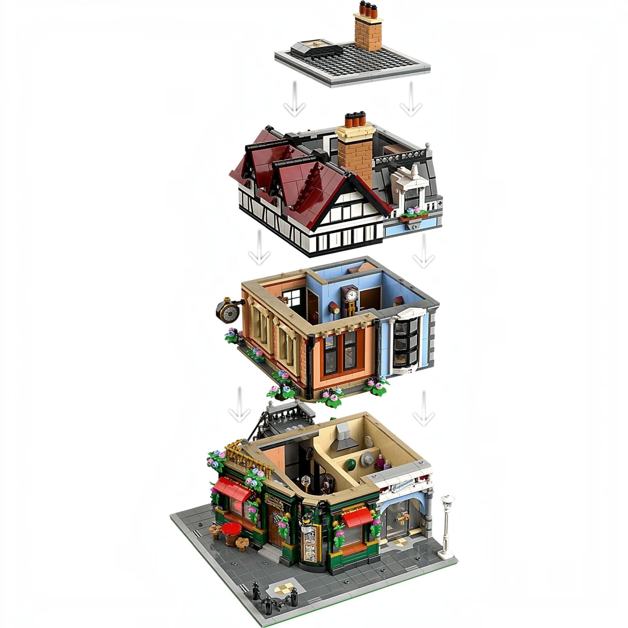 Set of modular building models stacked on top of each other, resembling different architectural styles.
