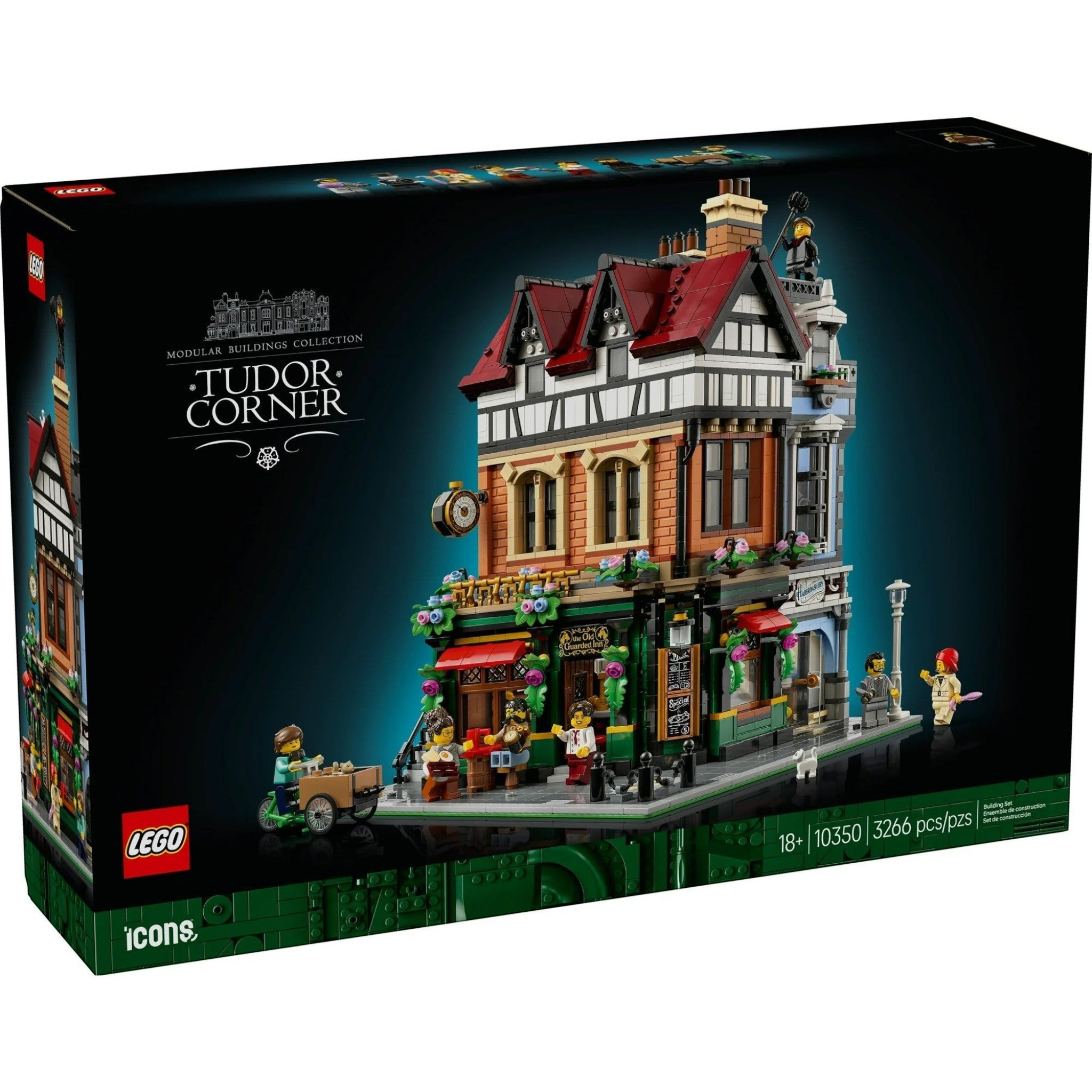 LEGO Tudor Corner set packaging with detailed building model on a white background