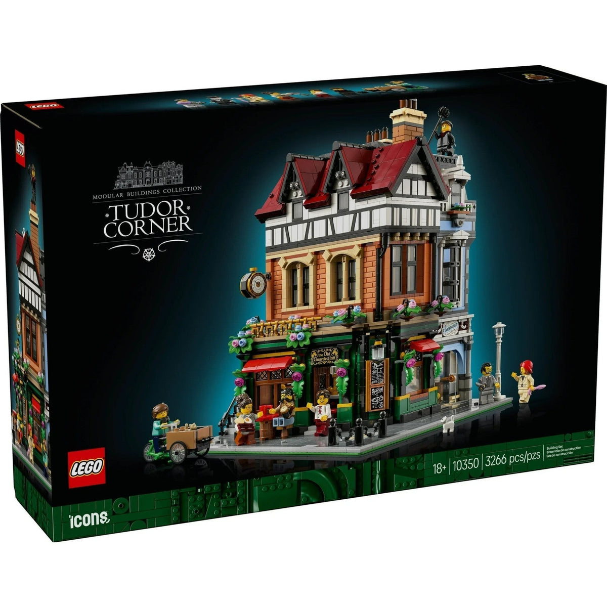 [box-front] LEGO Tudor Corner set packaging with detailed building model on a white background