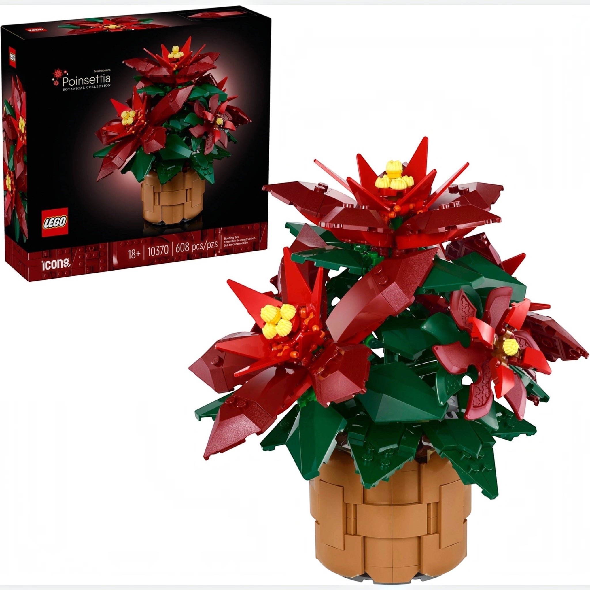LEGO set of a potted plant with red flowers on a white background