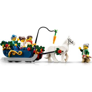 [minifig] A LEGO set showing a blue sleigh with passengers, a white horse, and a driver minifigure on a clean white background.