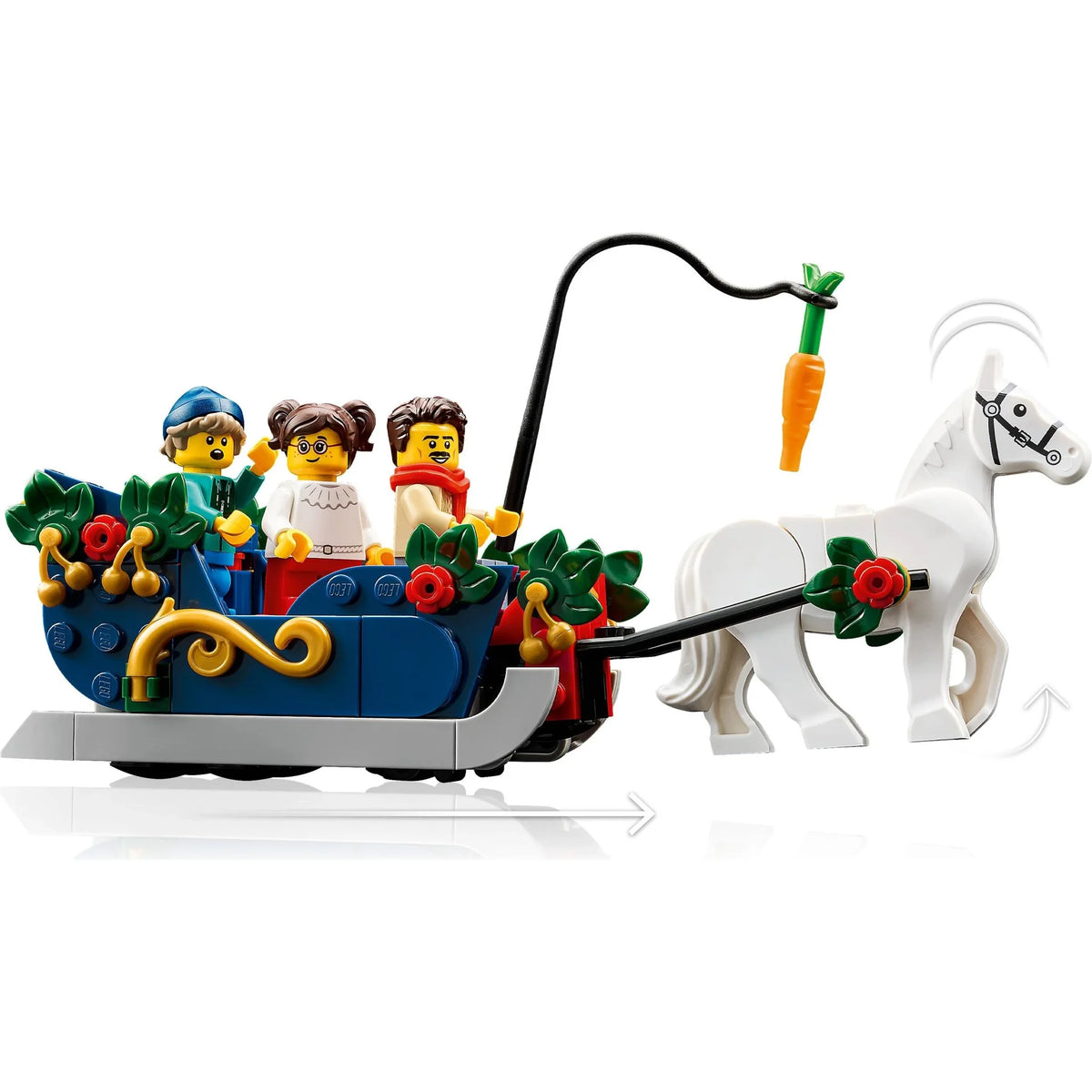[minifig] A LEGO holiday sleigh set with a white horse pull, decorated with green leaves and red flowers, carrying three LEGO minifigures on a white background.