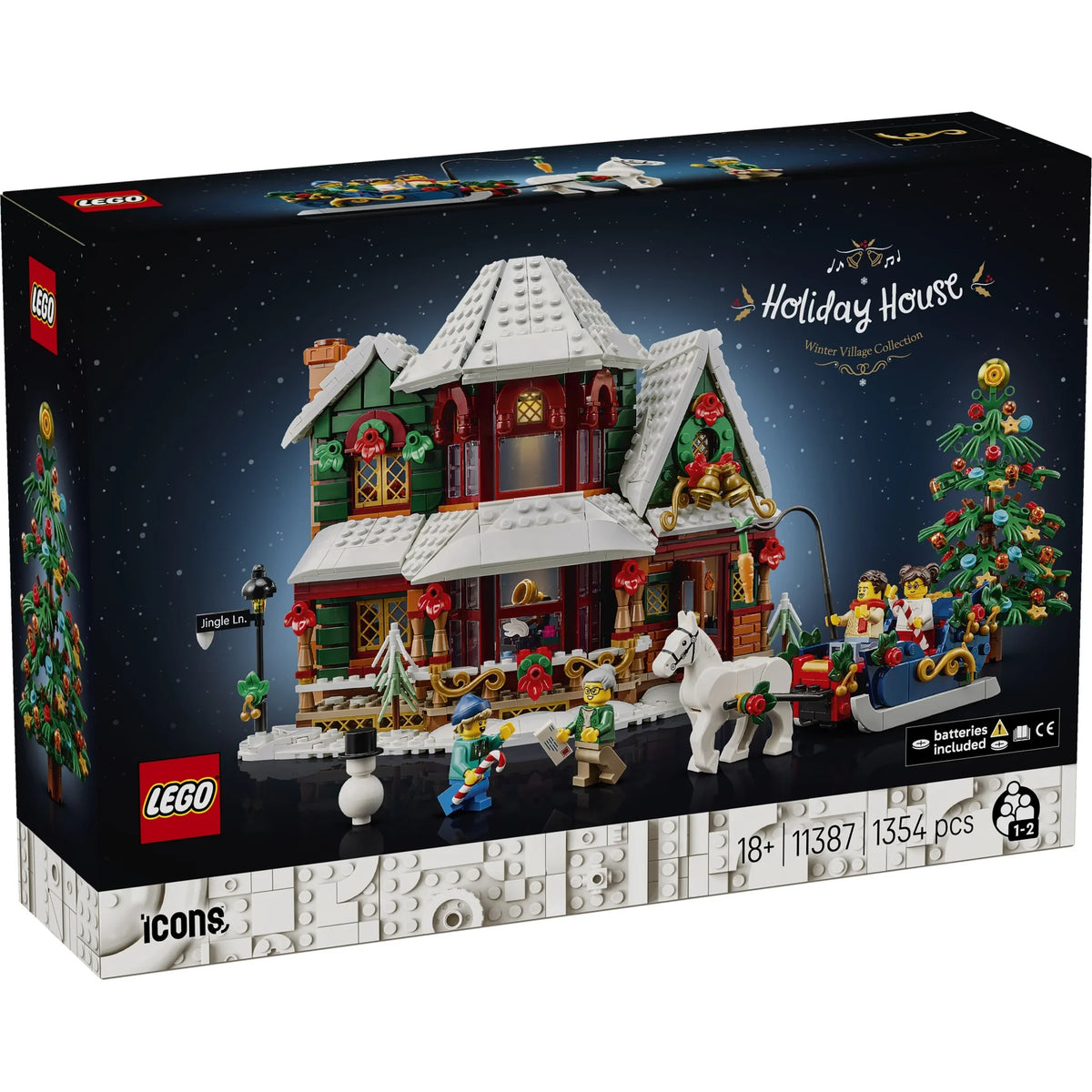 [box-front] LEGO Icons Holiday House building set box, showing the assembled Christmas village house with a sleigh, horse, tree, and festive figures on a dark illustrated background.
