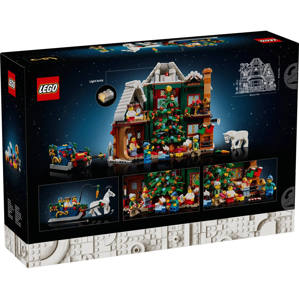 [box-back] LEGO Christmas Village Advent House building set box, showing the assembled festive house with a decorated tree, minifigures, a sleigh, and a white bear on a dark starry background.