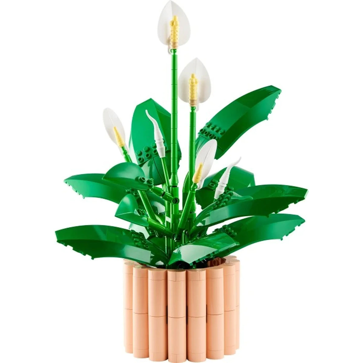 [built-white] LEGO plant with white flowers and green leaves in a beige pot on a white background