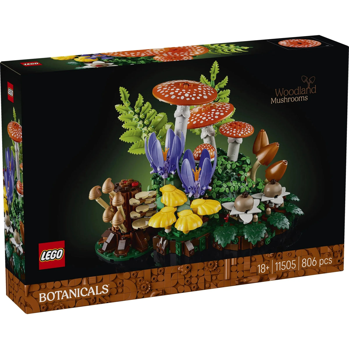 [box-front] LEGO Botanicals Woodland Mushrooms set packaging with mushrooms and plants on a black background