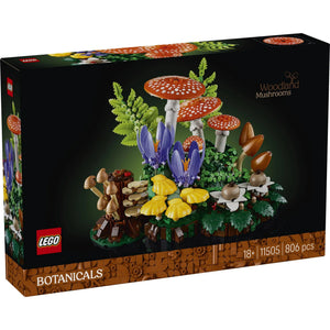 [box-front] LEGO Botanicals Woodland Mushrooms set packaging with mushrooms and plants on a black background