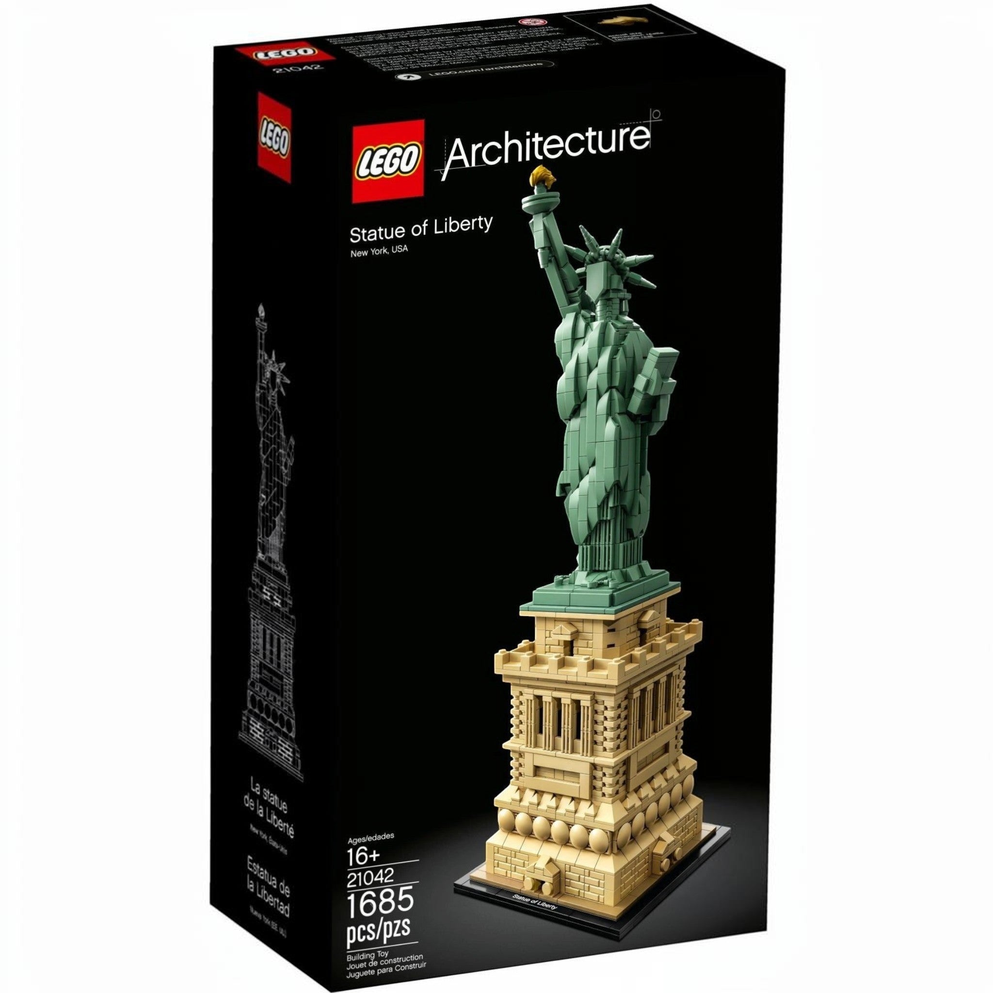 LEGO Architecture Statue of Liberty set packaging on a black background