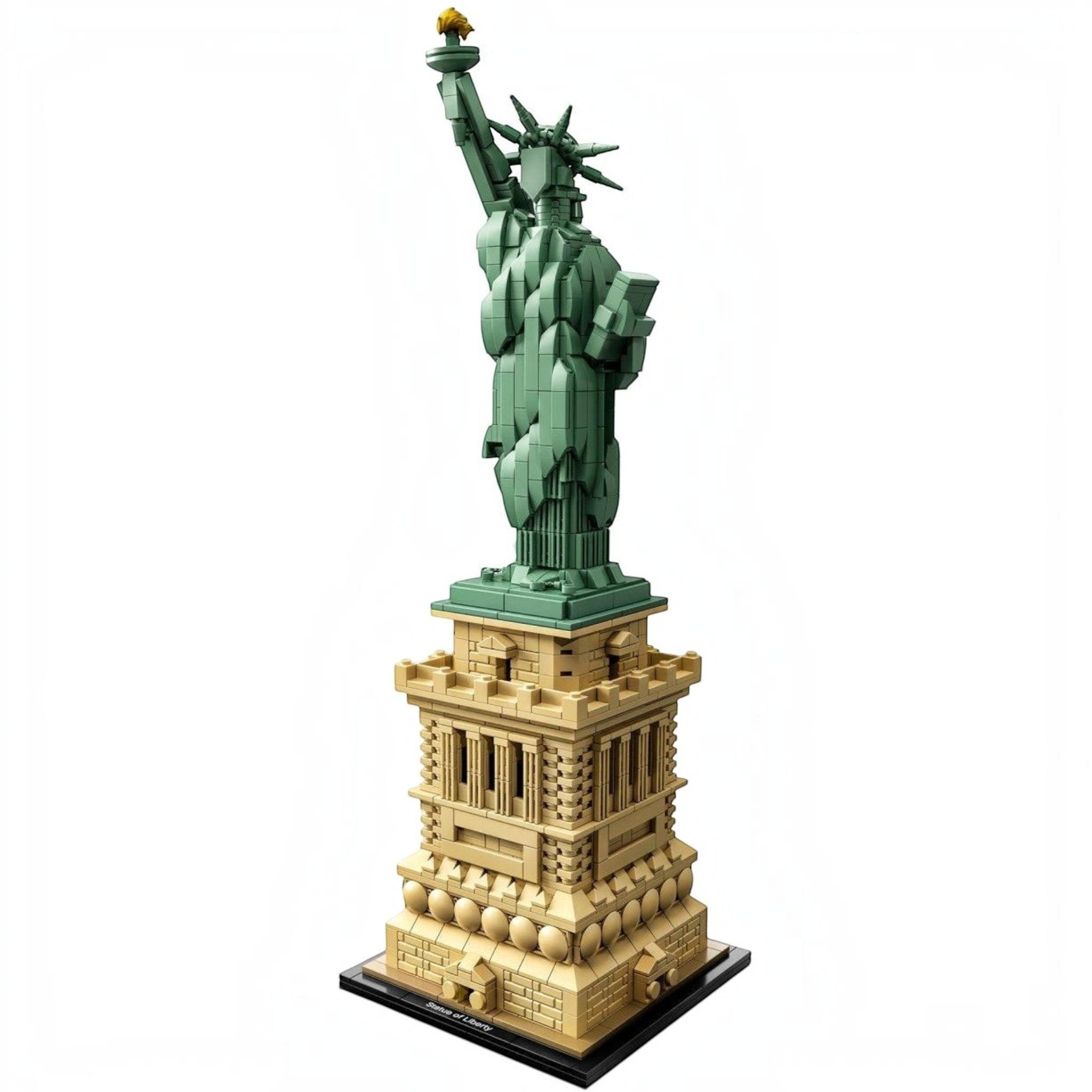 Model of the Statue of Liberty made from interlocking bricks on a white background