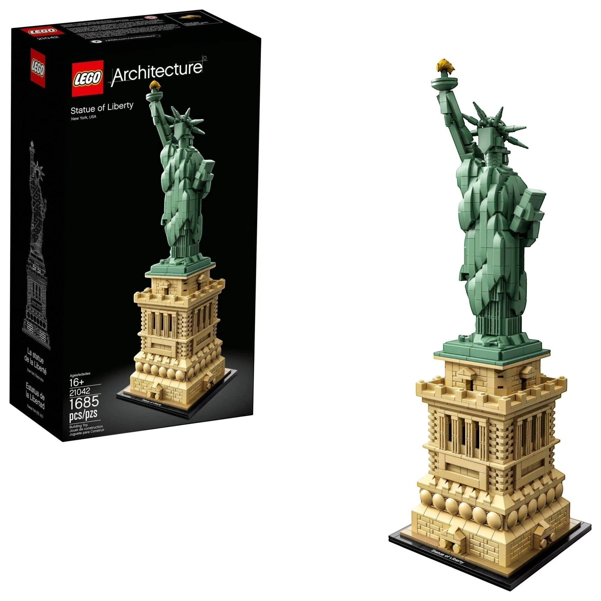 LEGO Statue of Liberty set with packaging on a white background