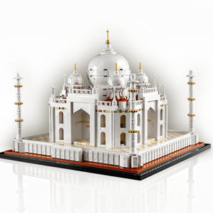 Model of the Taj Mahal made from interlocking bricks on a white background
