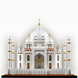 Model of the Taj Mahal made from interlocking bricks on a white background