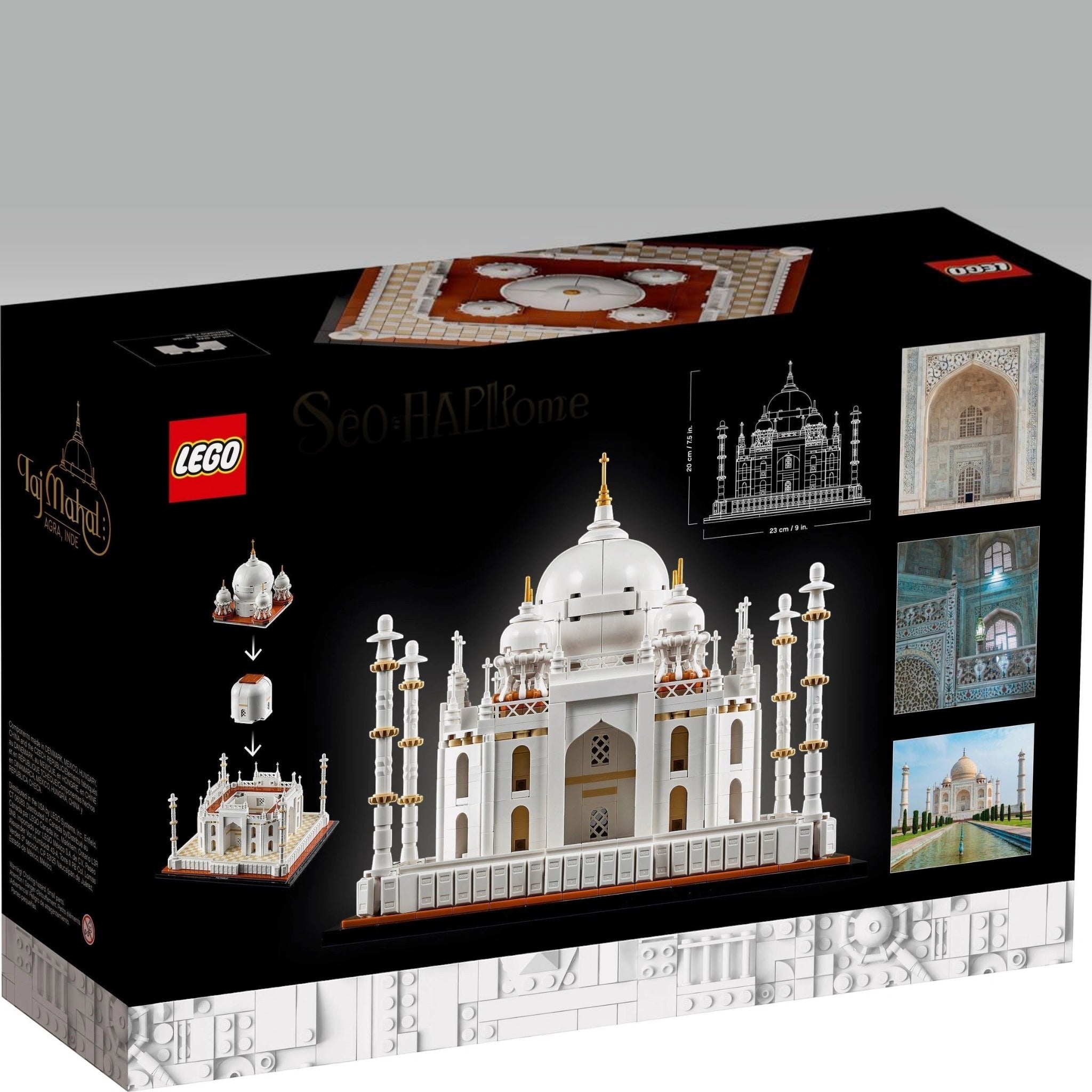 LEGO Taj Mahal set packaging with detailed illustrations on a black background