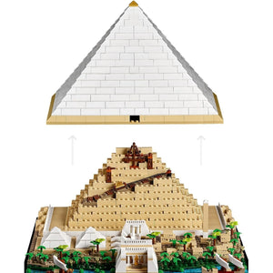[built-detail] Model of a pyramid with a detailed base featuring buildings and landscapes on a white background