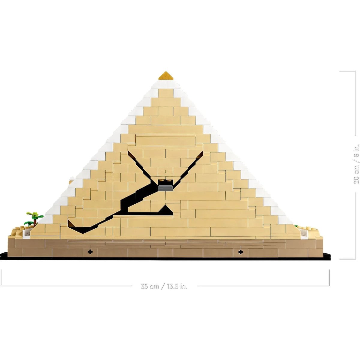 [built-detail] A pyramid-shaped clock made from interlocking building blocks, shown on a white background with dimension lines indicating 35 cm wide at the base and 20 cm tall overall.