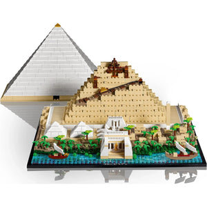 [built-detail] LEGO model of a pyramid with a temple and boats on a white background