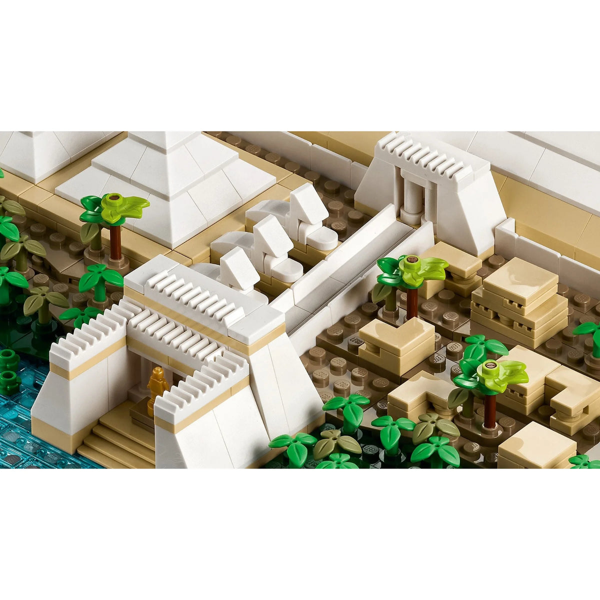 [built-detail] LEGO model of a pyramid and temple with greenery on a white background